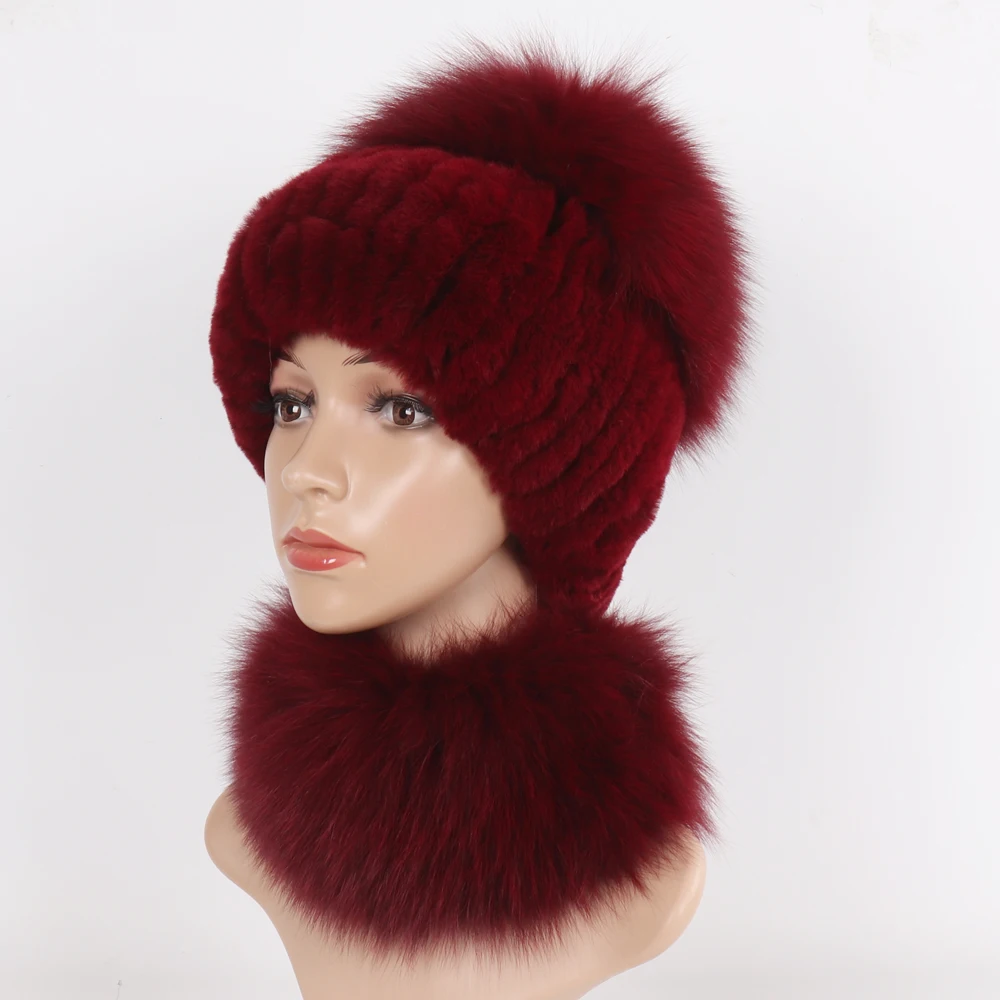 New Winter Women Luxury Real Fox Fur Hat Scarf Sets Natural Soft Knitted Warm Rex Rabbit Fur Top Fox Fur Hats Scarves 2 Pieces