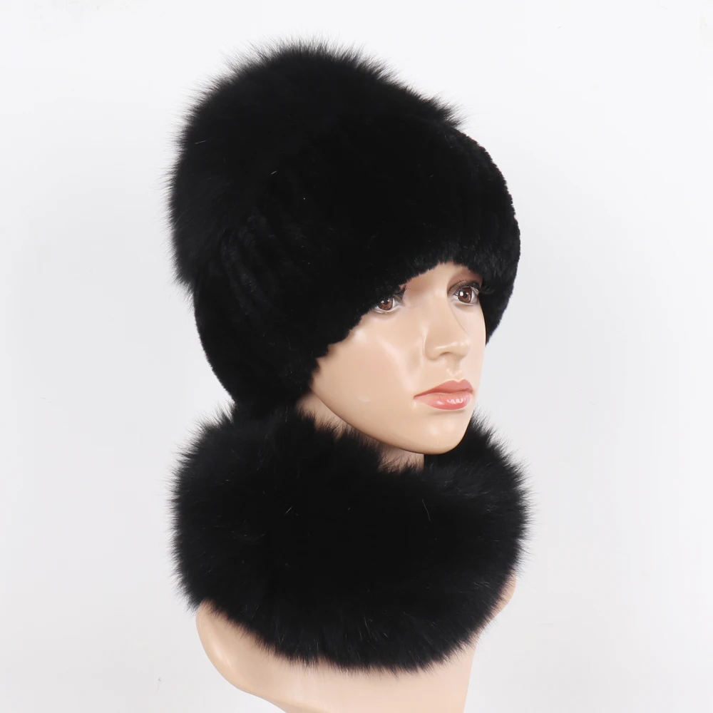 New Winter Women Luxury Real Fox Fur Hat Scarf Sets Natural Soft Knitted Warm Rex Rabbit Fur Top Fox Fur Hats Scarves 2 Pieces