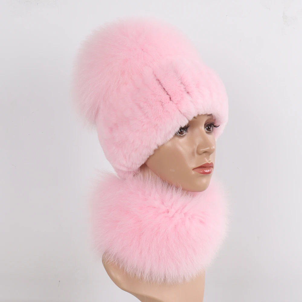 New Winter Women Luxury Real Fox Fur Hat Scarf Sets Natural Soft Knitted Warm Rex Rabbit Fur Top Fox Fur Hats Scarves 2 Pieces