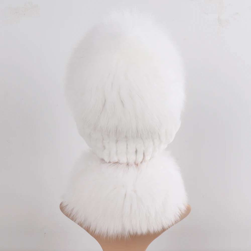 New Winter Women Luxury Real Fox Fur Hat Scarf Sets Natural Soft Knitted Warm Rex Rabbit Fur Top Fox Fur Hats Scarves 2 Pieces