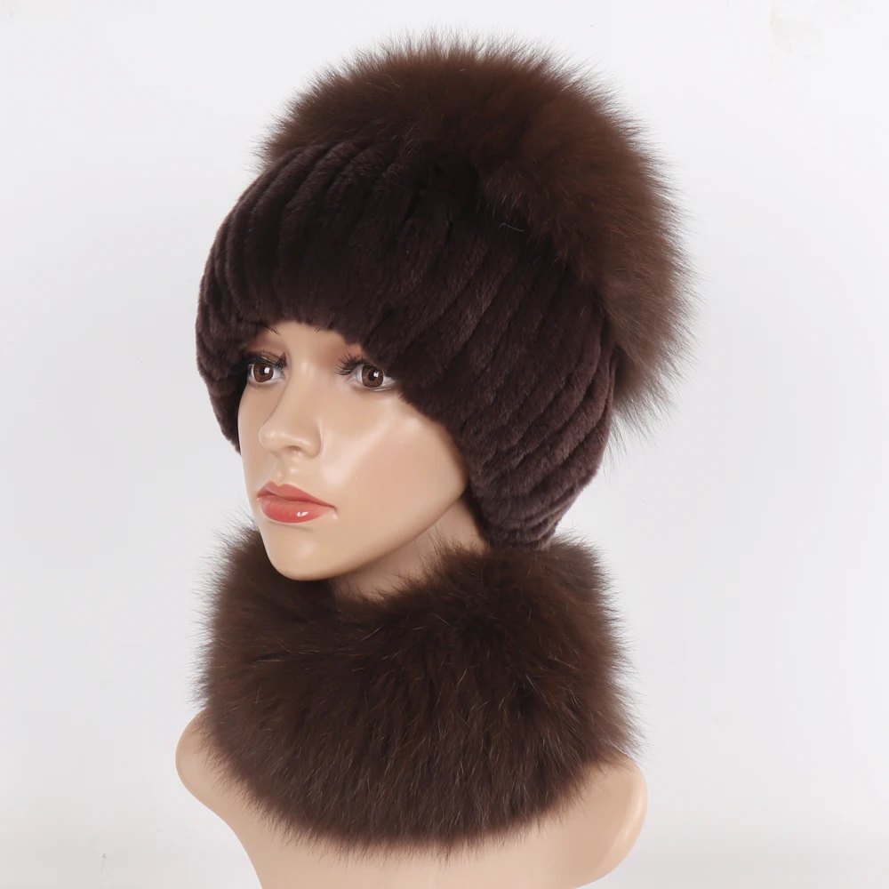 New Winter Women Luxury Real Fox Fur Hat Scarf Sets Natural Soft Knitted Warm Rex Rabbit Fur Top Fox Fur Hats Scarves 2 Pieces