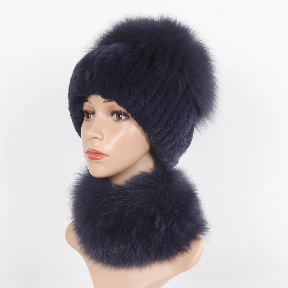 New Winter Women Luxury Real Fox Fur Hat Scarf Sets Natural Soft Knitted Warm Rex Rabbit Fur Top Fox Fur Hats Scarves 2 Pieces