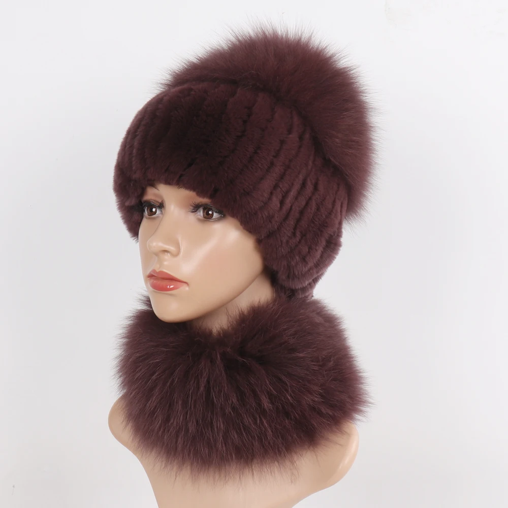 New Winter Women Luxury Real Fox Fur Hat Scarf Sets Natural Soft Knitted Warm Rex Rabbit Fur Top Fox Fur Hats Scarves 2 Pieces