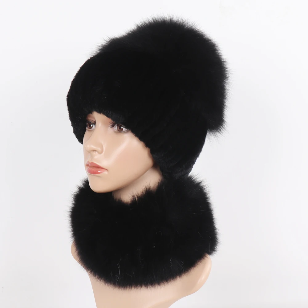 New Winter Women Luxury Real Fox Fur Hat Scarf Sets Natural Soft Knitted Warm Rex Rabbit Fur Top Fox Fur Hats Scarves 2 Pieces