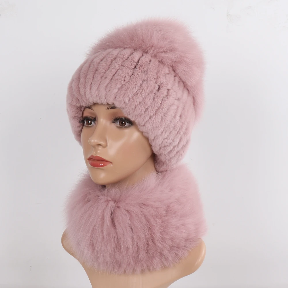 New Winter Women Luxury Real Fox Fur Hat Scarf Sets Natural Soft Knitted Warm Rex Rabbit Fur Top Fox Fur Hats Scarves 2 Pieces