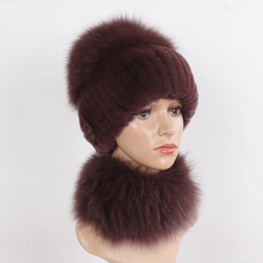 New Winter Women Luxury Real Fox Fur Hat Scarf Sets Natural Soft Knitted Warm Rex Rabbit Fur Top Fox Fur Hats Scarves 2 Pieces