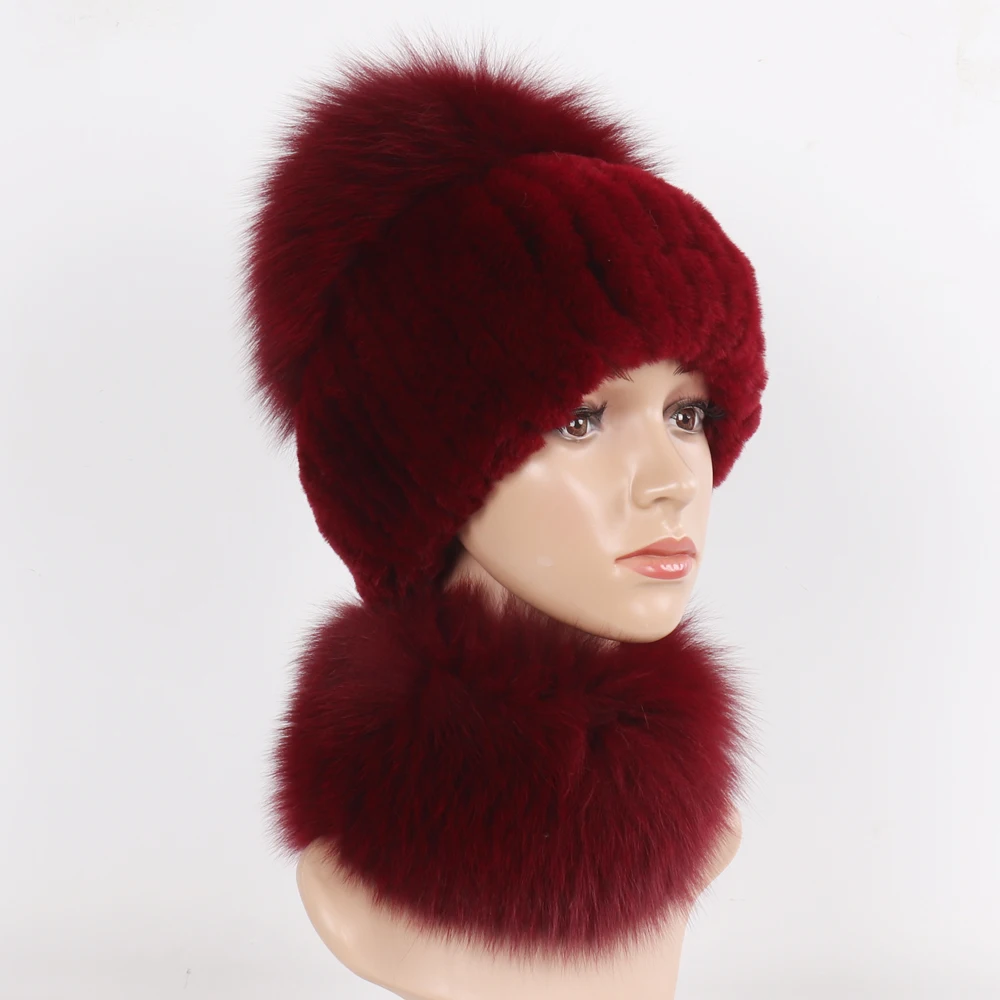 New Winter Women Luxury Real Fox Fur Hat Scarf Sets Natural Soft Knitted Warm Rex Rabbit Fur Top Fox Fur Hats Scarves 2 Pieces