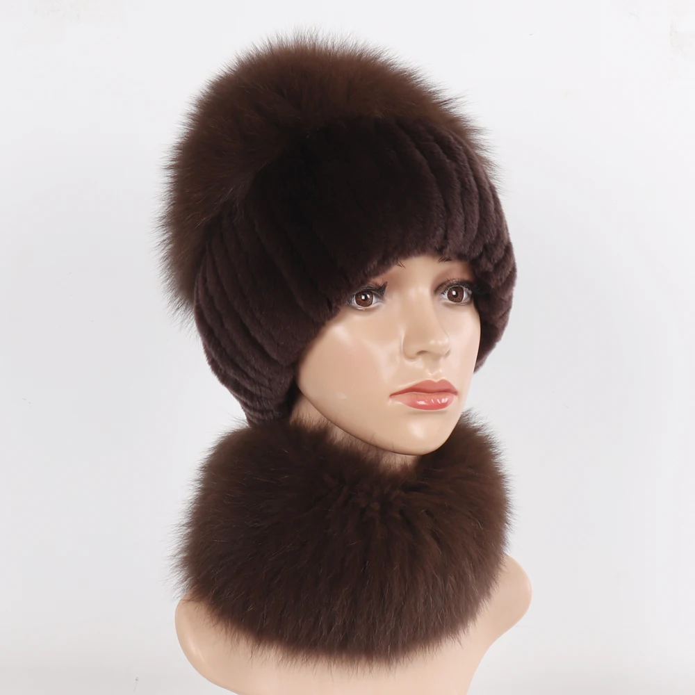 New Winter Women Luxury Real Fox Fur Hat Scarf Sets Natural Soft Knitted Warm Rex Rabbit Fur Top Fox Fur Hats Scarves 2 Pieces