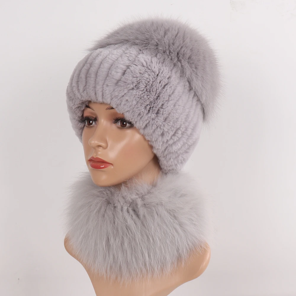 New Winter Women Luxury Real Fox Fur Hat Scarf Sets Natural Soft Knitted Warm Rex Rabbit Fur Top Fox Fur Hats Scarves 2 Pieces