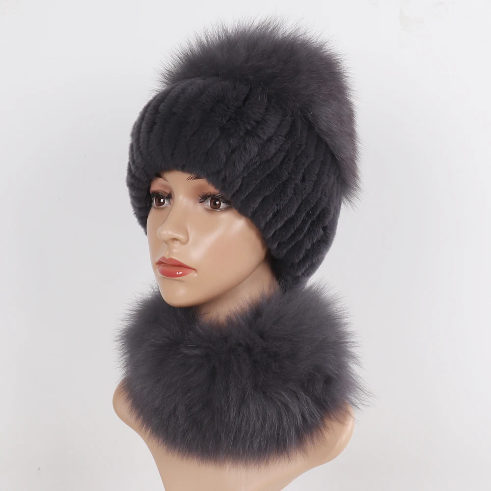 New Winter Women Luxury Real Fox Fur Hat Scarf Sets Natural Soft Knitted Warm Rex Rabbit Fur Top Fox Fur Hats Scarves 2 Pieces