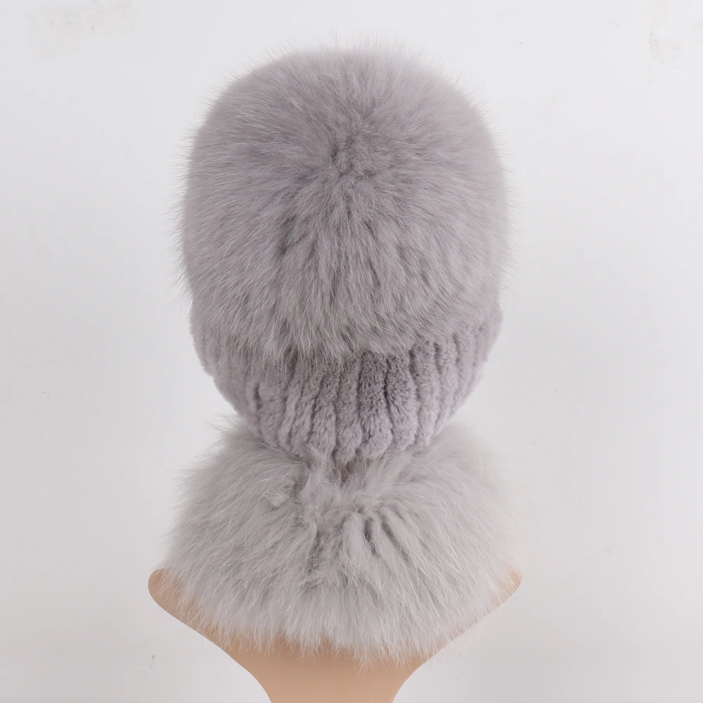 New Winter Women Luxury Real Fox Fur Hat Scarf Sets Natural Soft Knitted Warm Rex Rabbit Fur Top Fox Fur Hats Scarves 2 Pieces