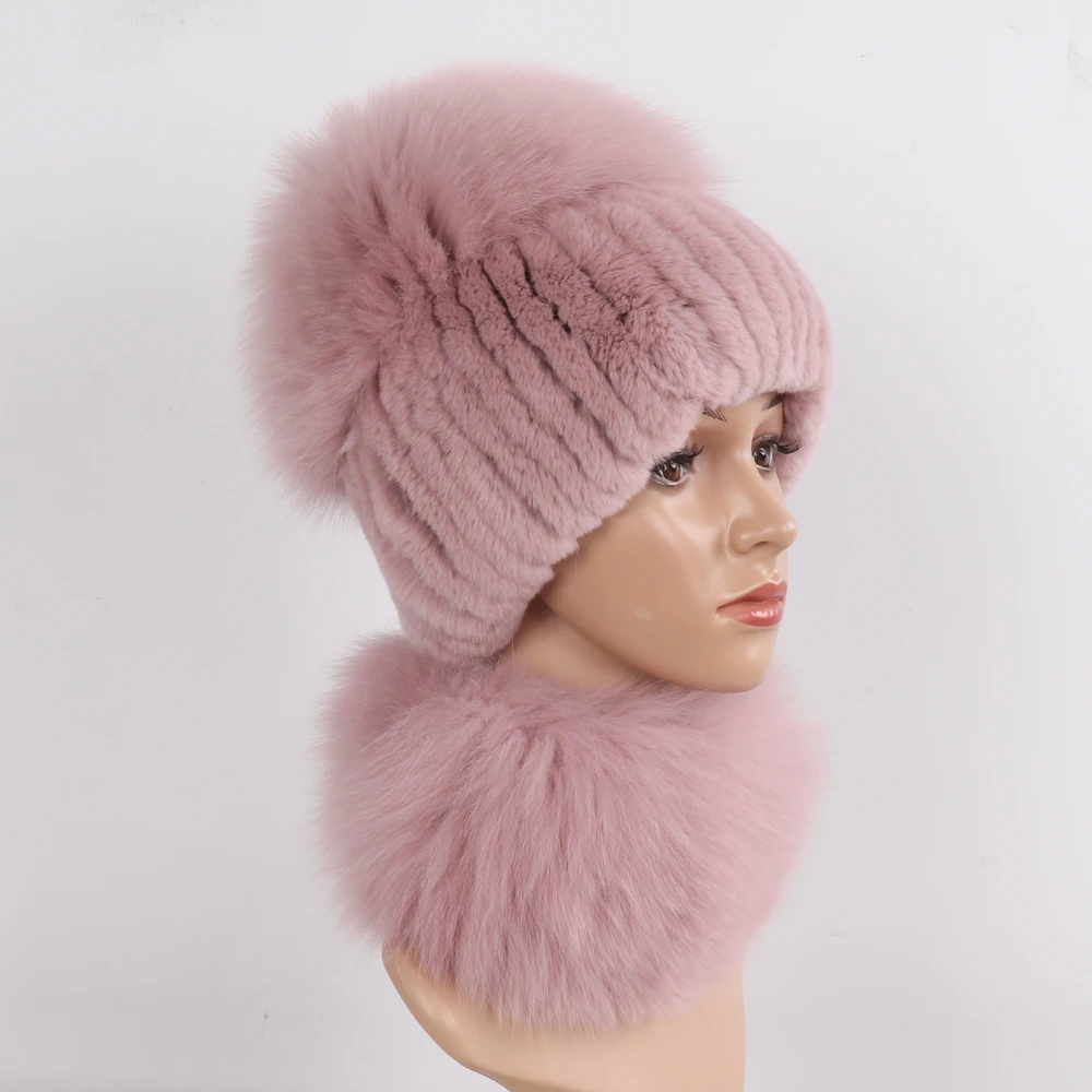 New Winter Women Luxury Real Fox Fur Hat Scarf Sets Natural Soft Knitted Warm Rex Rabbit Fur Top Fox Fur Hats Scarves 2 Pieces