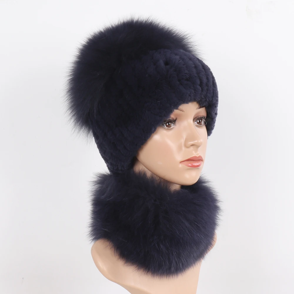 New Winter Women Luxury Real Fox Fur Hat Scarf Sets Natural Soft Knitted Warm Rex Rabbit Fur Top Fox Fur Hats Scarves 2 Pieces
