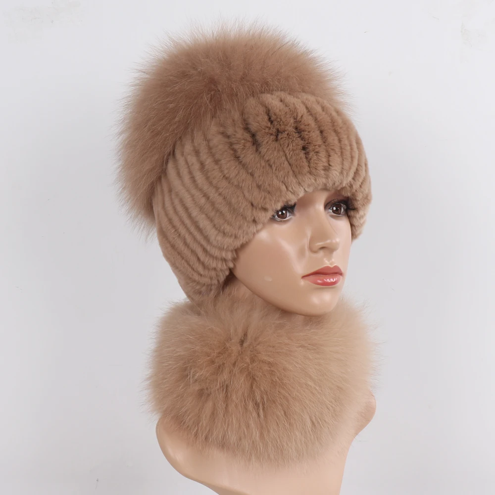 New Winter Women Luxury Real Fox Fur Hat Scarf Sets Natural Soft Knitted Warm Rex Rabbit Fur Top Fox Fur Hats Scarves 2 Pieces