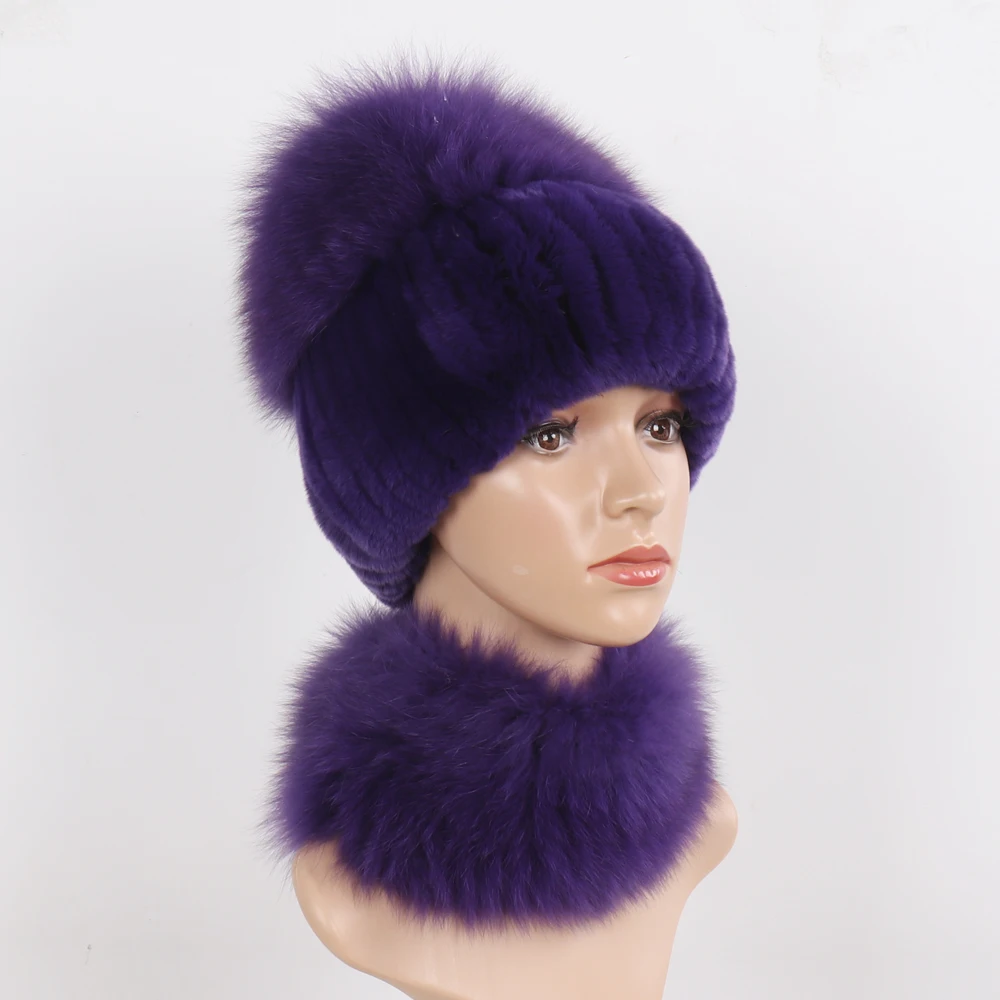 New Winter Women Luxury Real Fox Fur Hat Scarf Sets Natural Soft Knitted Warm Rex Rabbit Fur Top Fox Fur Hats Scarves 2 Pieces