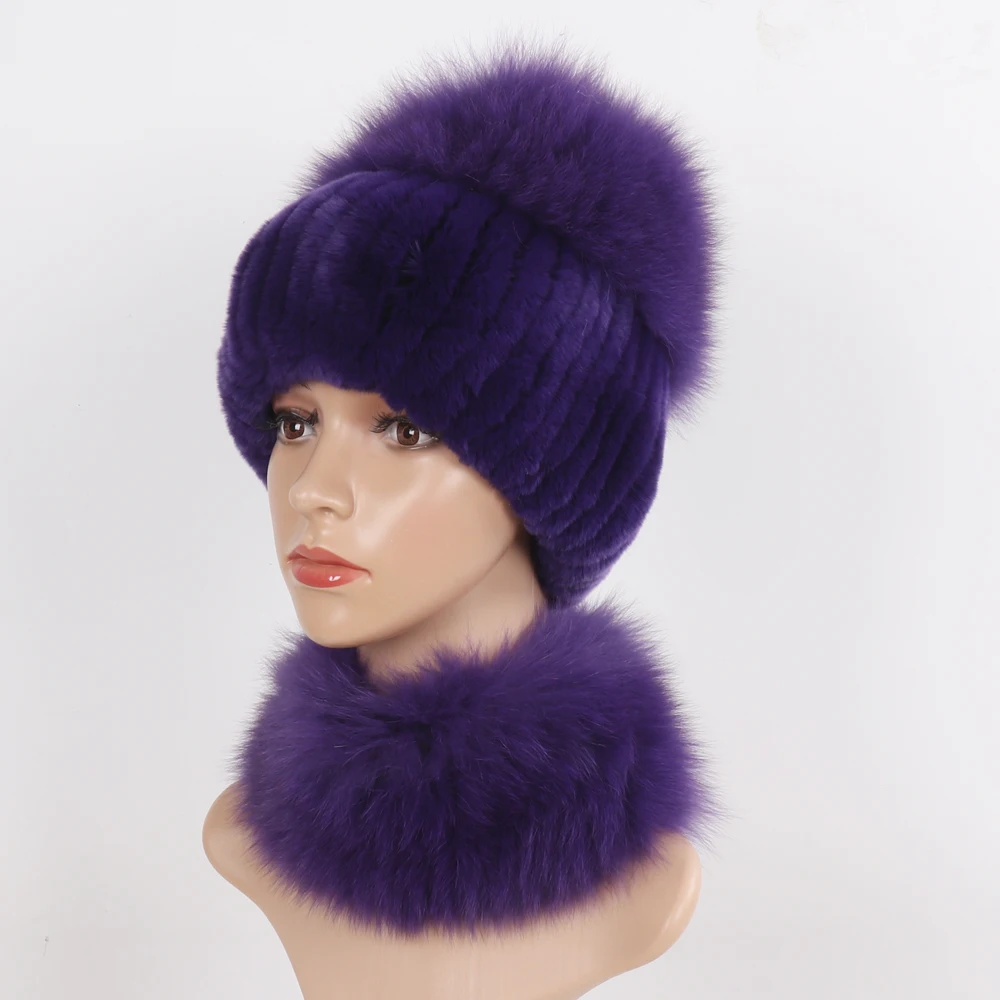 New Winter Women Luxury Real Fox Fur Hat Scarf Sets Natural Soft Knitted Warm Rex Rabbit Fur Top Fox Fur Hats Scarves 2 Pieces