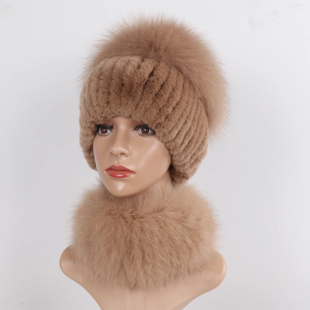 New Winter Women Luxury Real Fox Fur Hat Scarf Sets Natural Soft Knitted Warm Rex Rabbit Fur Top Fox Fur Hats Scarves 2 Pieces