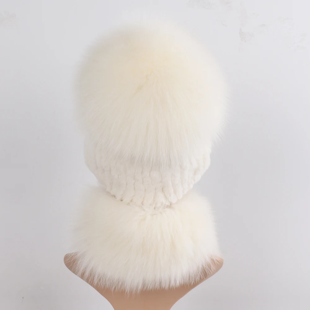 New Winter Women Luxury Real Fox Fur Hat Scarf Sets Natural Soft Knitted Warm Rex Rabbit Fur Top Fox Fur Hats Scarves 2 Pieces