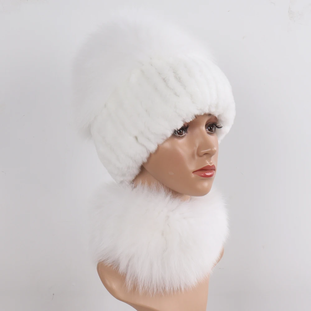 New Winter Women Luxury Real Fox Fur Hat Scarf Sets Natural Soft Knitted Warm Rex Rabbit Fur Top Fox Fur Hats Scarves 2 Pieces