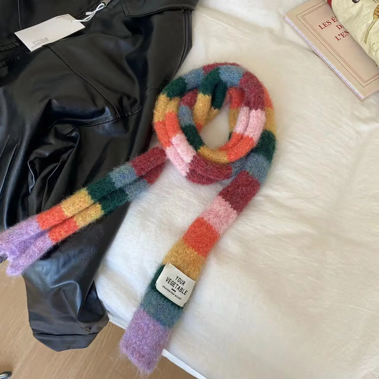2024 Knitted Wool With Warm Color Splicing Contrast Striped Sausage Thin Scarf