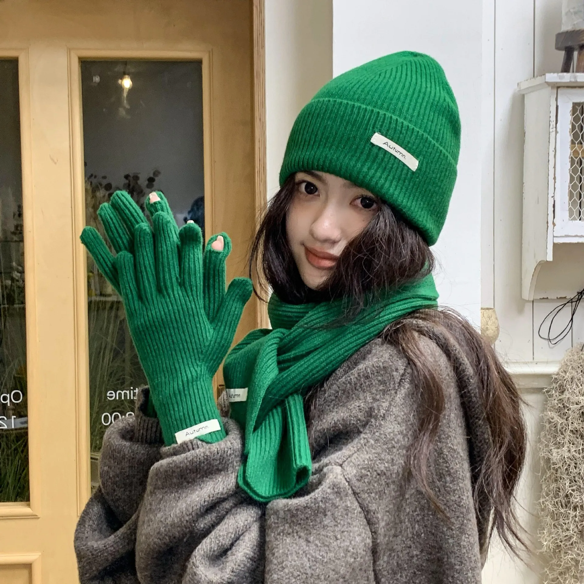 Korean Three-piece Set Scarves Gloves Women Autumn Winter Warm Knitted Hat Touch Screen Gloves Solid Color Women's Glove Sets