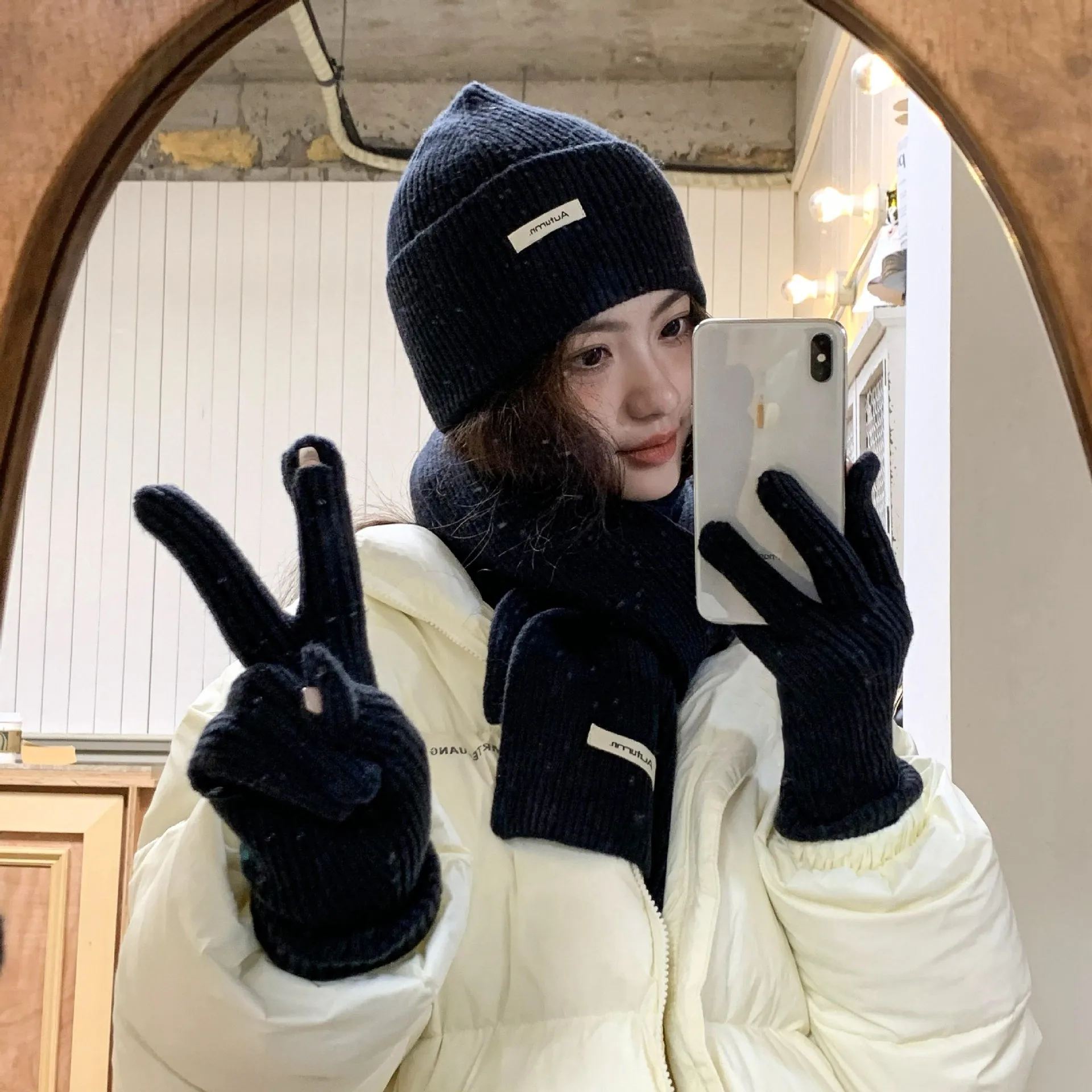 Korean Three-piece Set Scarves Gloves Women Autumn Winter Warm Knitted Hat Touch Screen Gloves Solid Color Women's Glove Sets