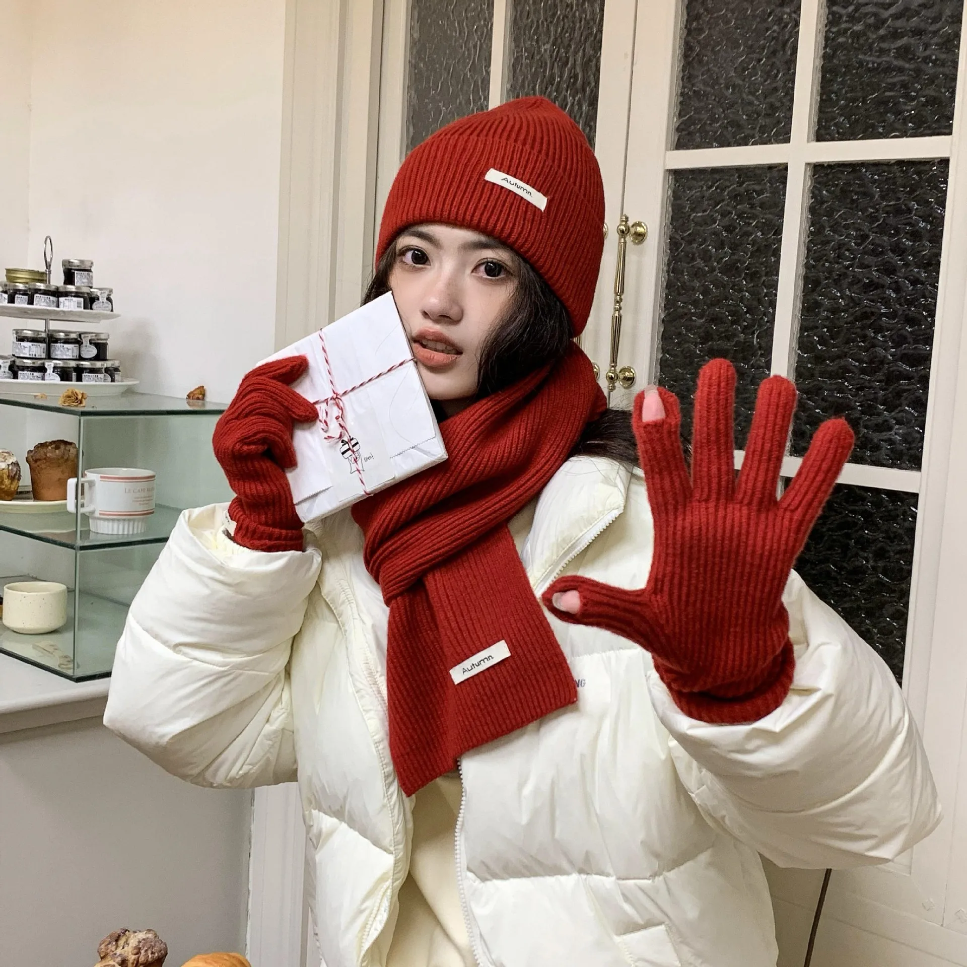 Korean Three-piece Set Scarves Gloves Women Autumn Winter Warm Knitted Hat Touch Screen Gloves Solid Color Women's Glove Sets