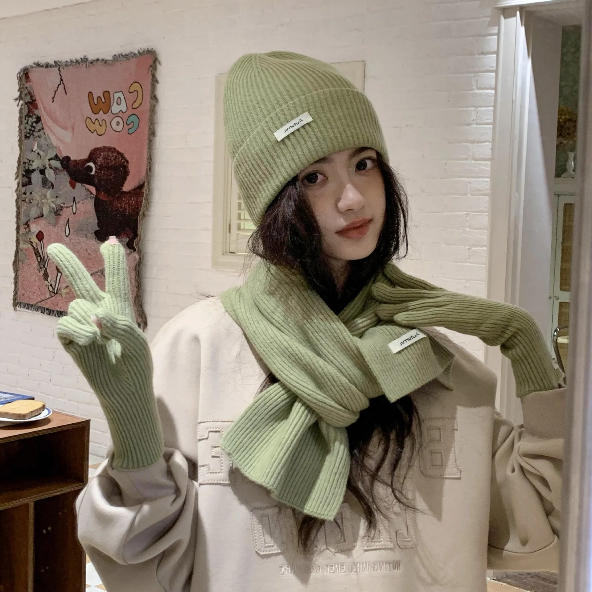 Korean Three-piece Set Scarves Gloves Women Autumn Winter Warm Knitted Hat Touch Screen Gloves Solid Color Women's Glove Sets