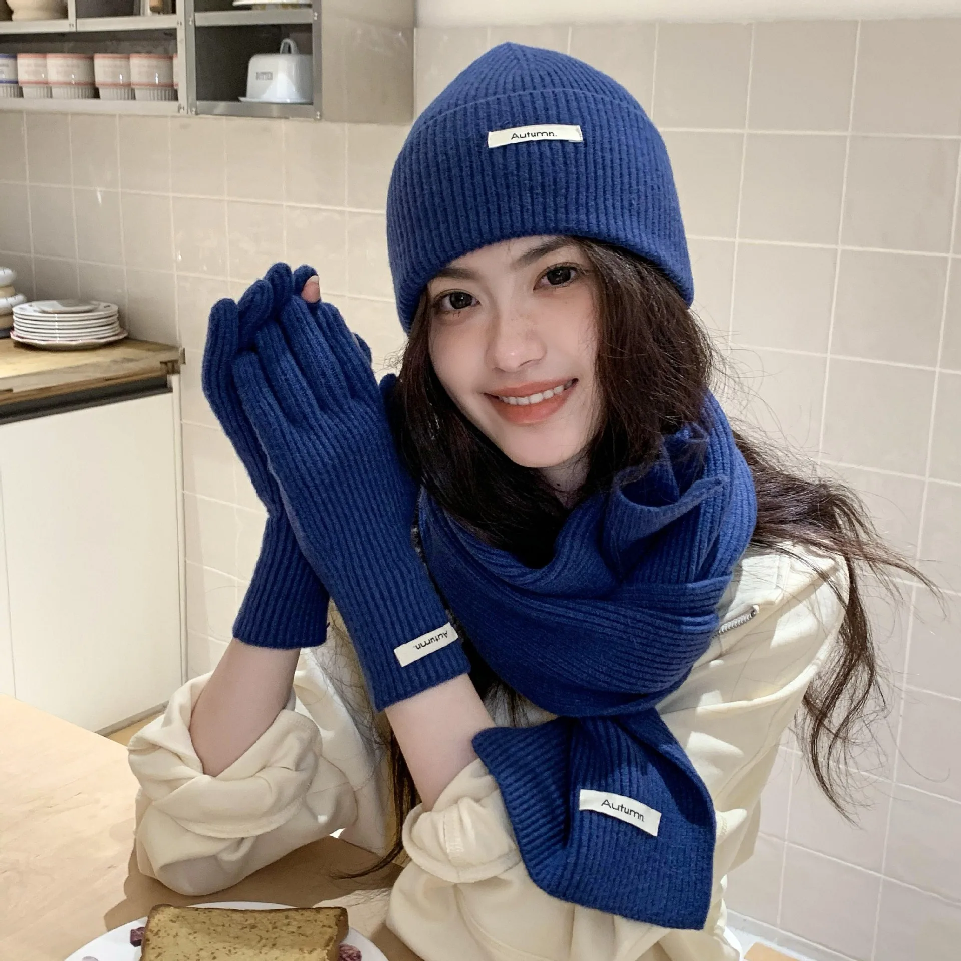 Korean Three-piece Set Scarves Gloves Women Autumn Winter Warm Knitted Hat Touch Screen Gloves Solid Color Women's Glove Sets
