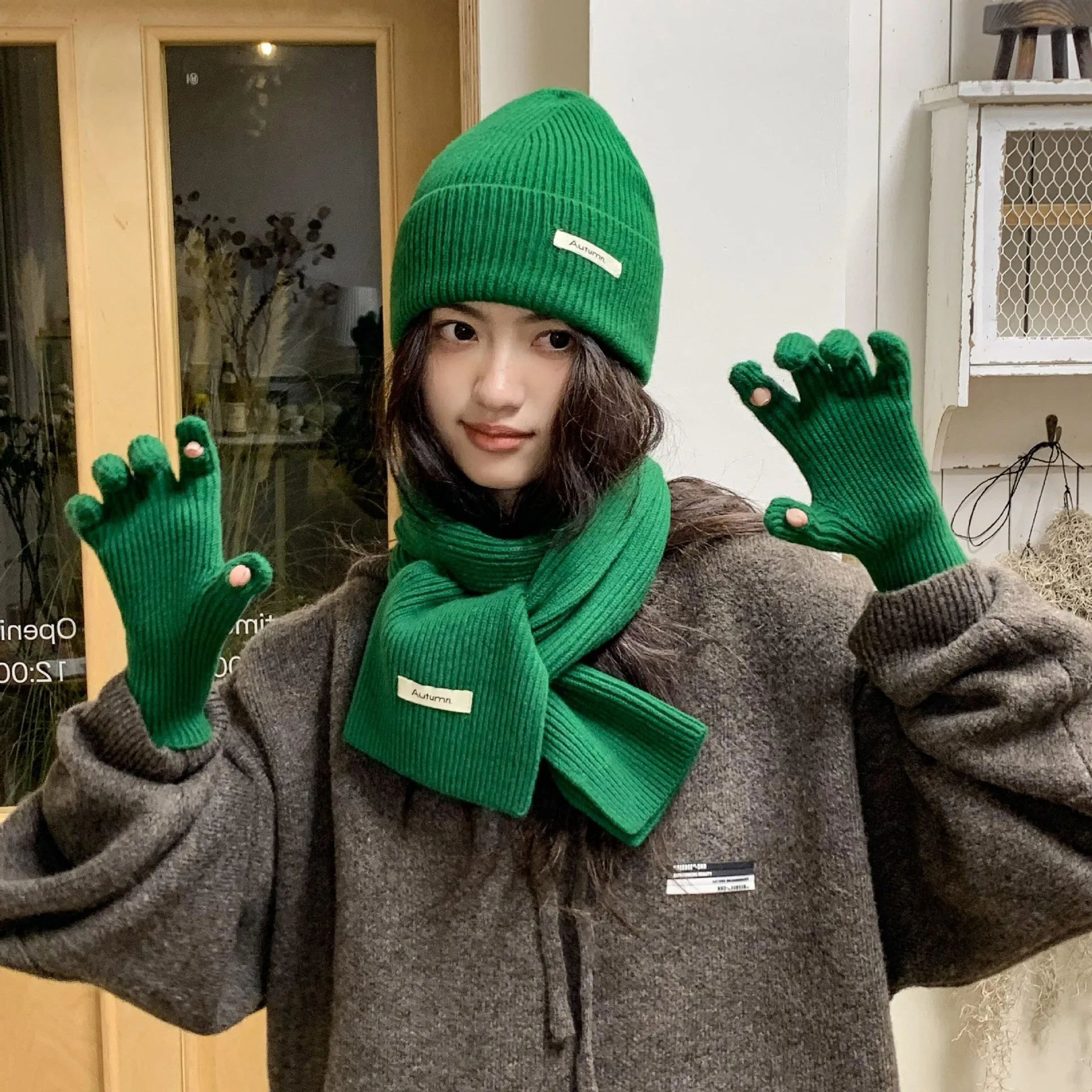 Korean Three-piece Set Scarves Gloves Women Autumn Winter Warm Knitted Hat Touch Screen Gloves Solid Color Women's Glove Sets