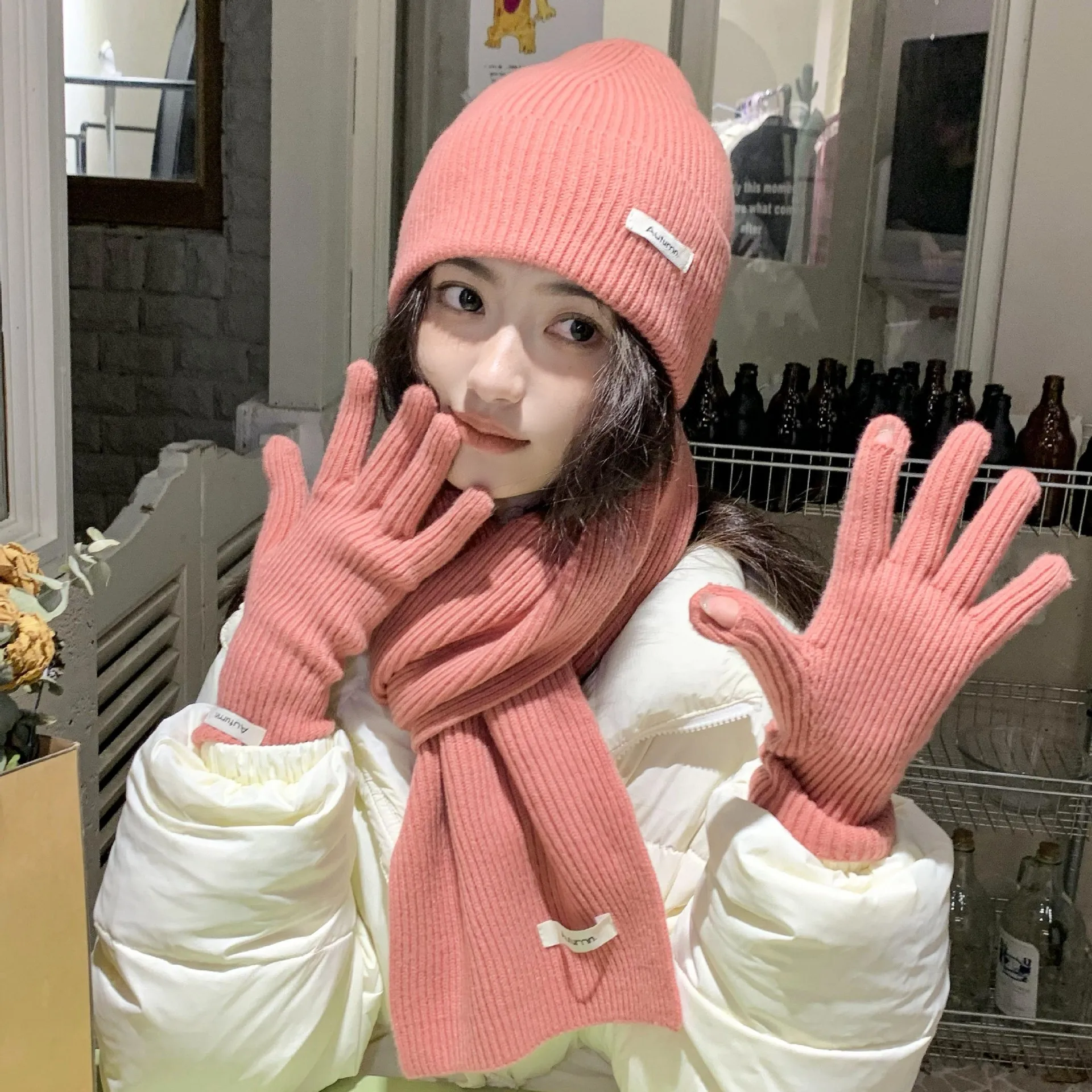 Korean Three-piece Set Scarves Gloves Women Autumn Winter Warm Knitted Hat Touch Screen Gloves Solid Color Women's Glove Sets