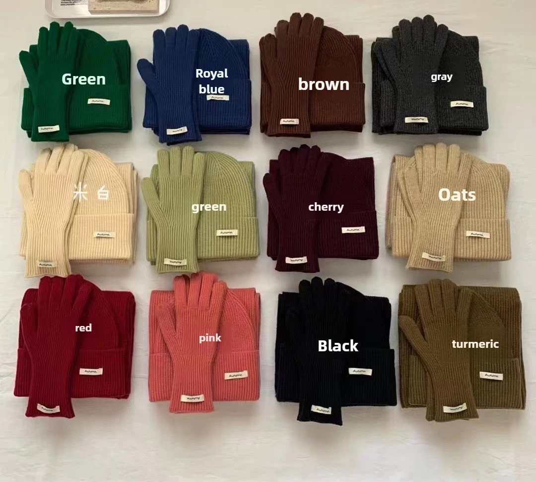Korean Three-piece Set Scarves Gloves Women Autumn Winter Warm Knitted Hat Touch Screen Gloves Solid Color Women's Glove Sets