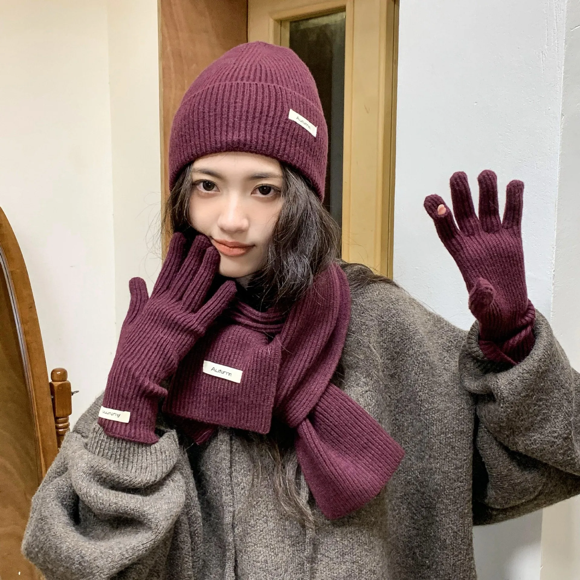 Korean Three-piece Set Scarves Gloves Women Autumn Winter Warm Knitted Hat Touch Screen Gloves Solid Color Women's Glove Sets