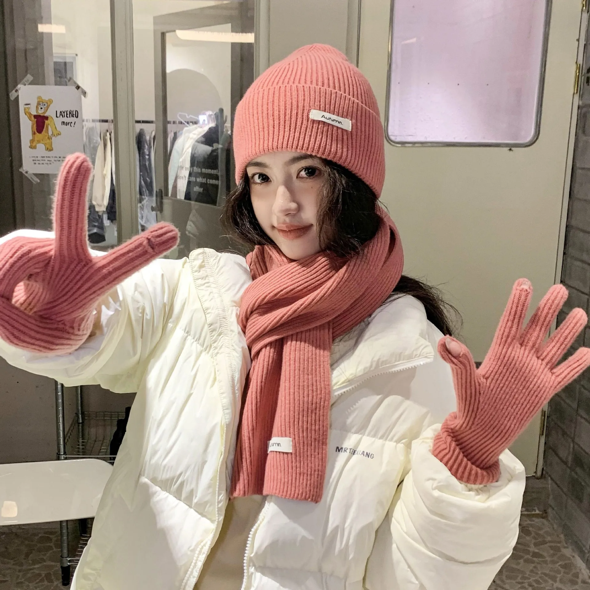 Korean Three-piece Set Scarves Gloves Women Autumn Winter Warm Knitted Hat Touch Screen Gloves Solid Color Women's Glove Sets