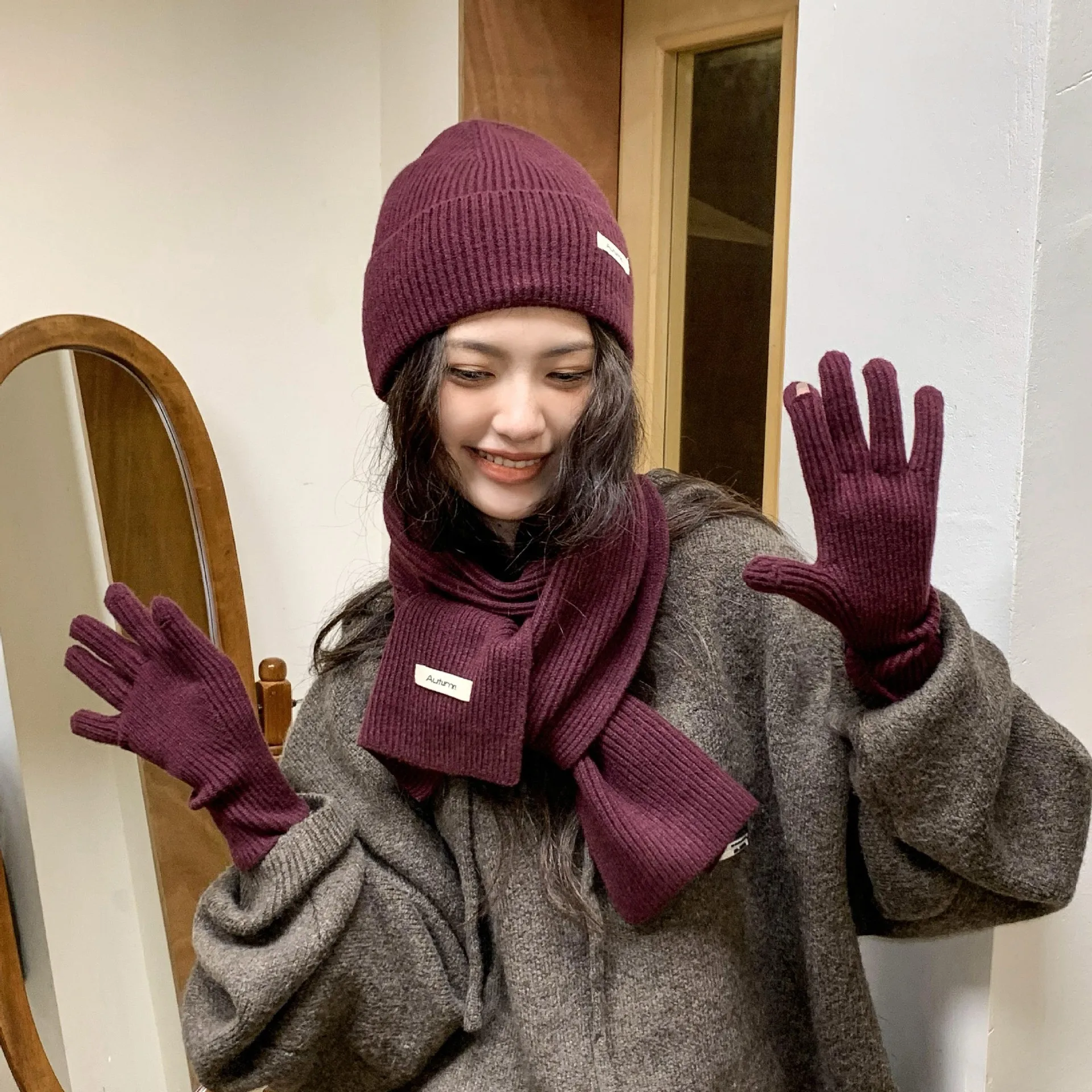Korean Three-piece Set Scarves Gloves Women Autumn Winter Warm Knitted Hat Touch Screen Gloves Solid Color Women's Glove Sets
