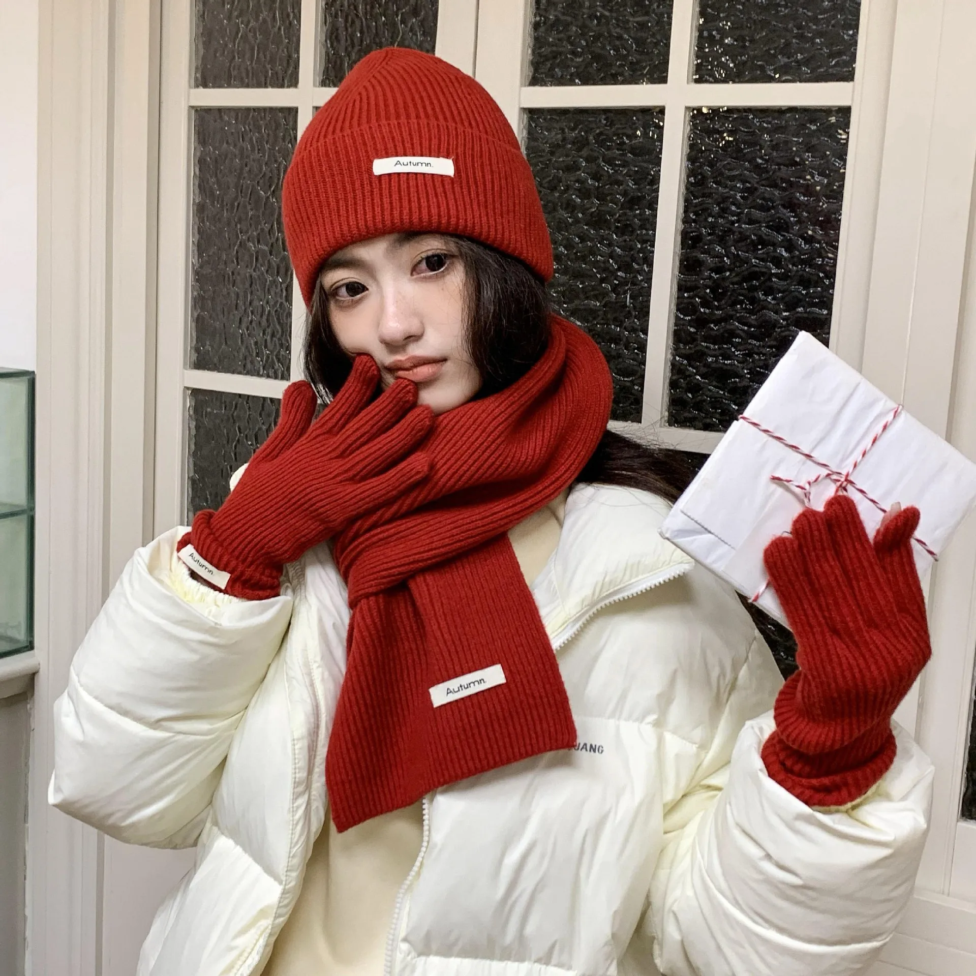 Korean Three-piece Set Scarves Gloves Women Autumn Winter Warm Knitted Hat Touch Screen Gloves Solid Color Women's Glove Sets
