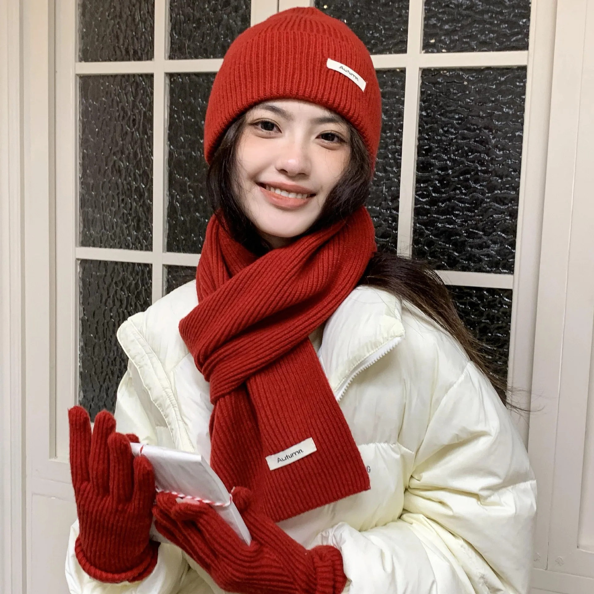 Korean Three-piece Set Scarves Gloves Women Autumn Winter Warm Knitted Hat Touch Screen Gloves Solid Color Women's Glove Sets