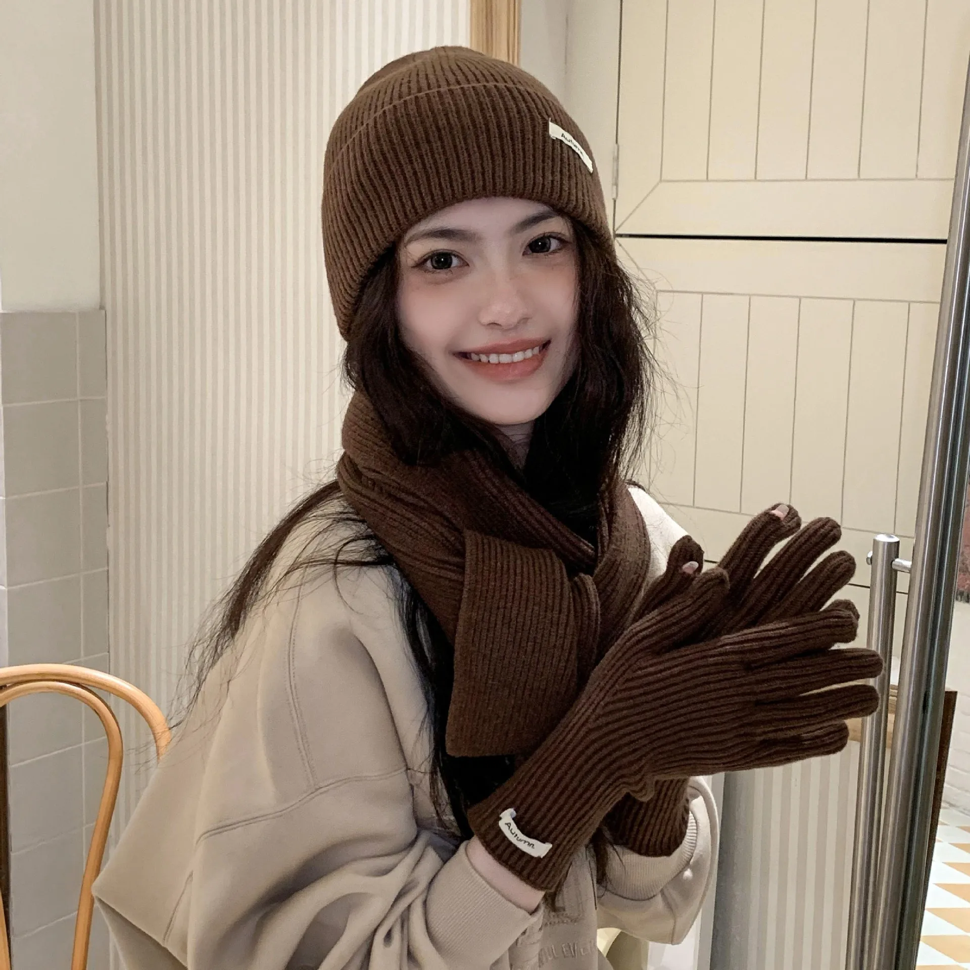 Korean Three-piece Set Scarves Gloves Women Autumn Winter Warm Knitted Hat Touch Screen Gloves Solid Color Women's Glove Sets