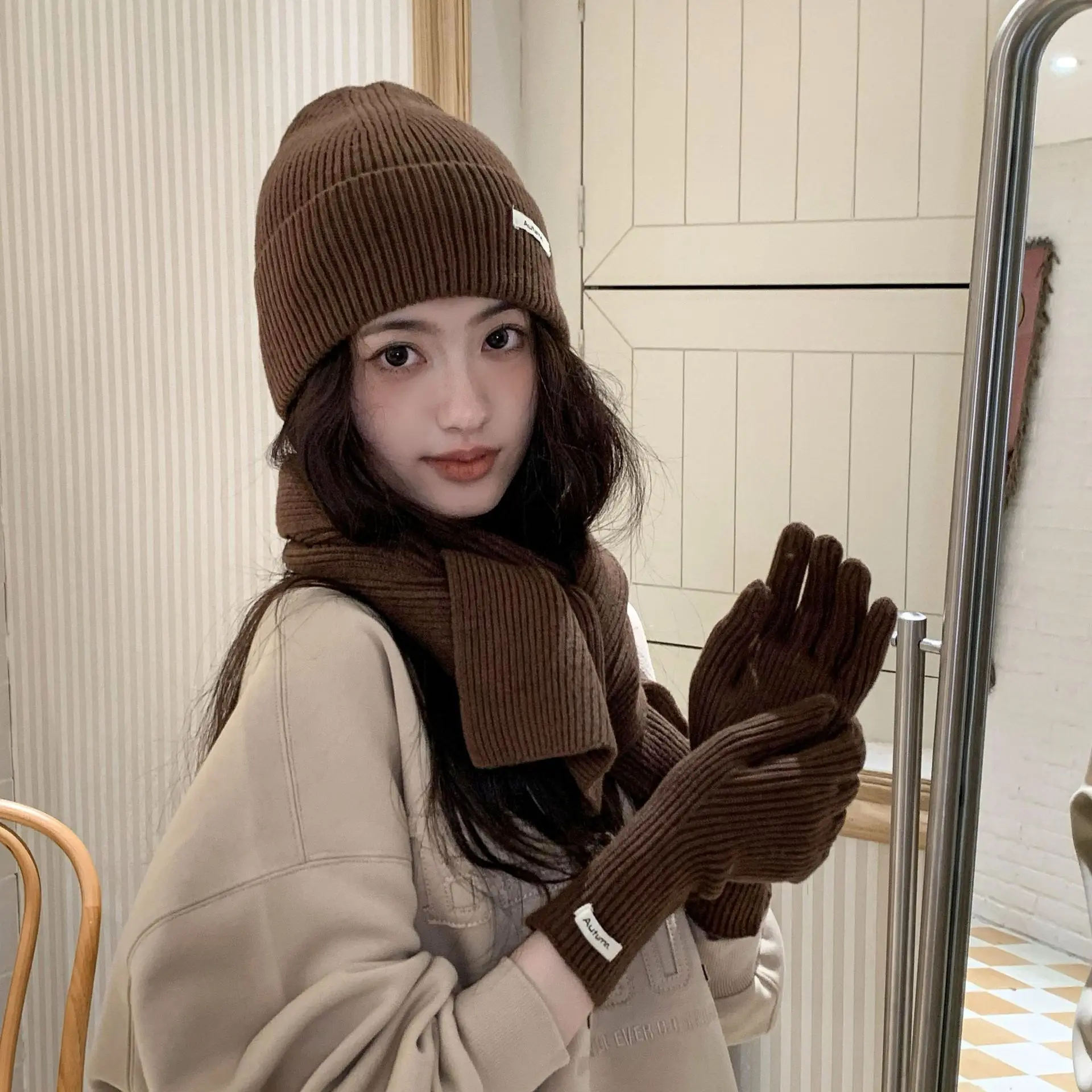Korean Three-piece Set Scarves Gloves Women Autumn Winter Warm Knitted Hat Touch Screen Gloves Solid Color Women's Glove Sets
