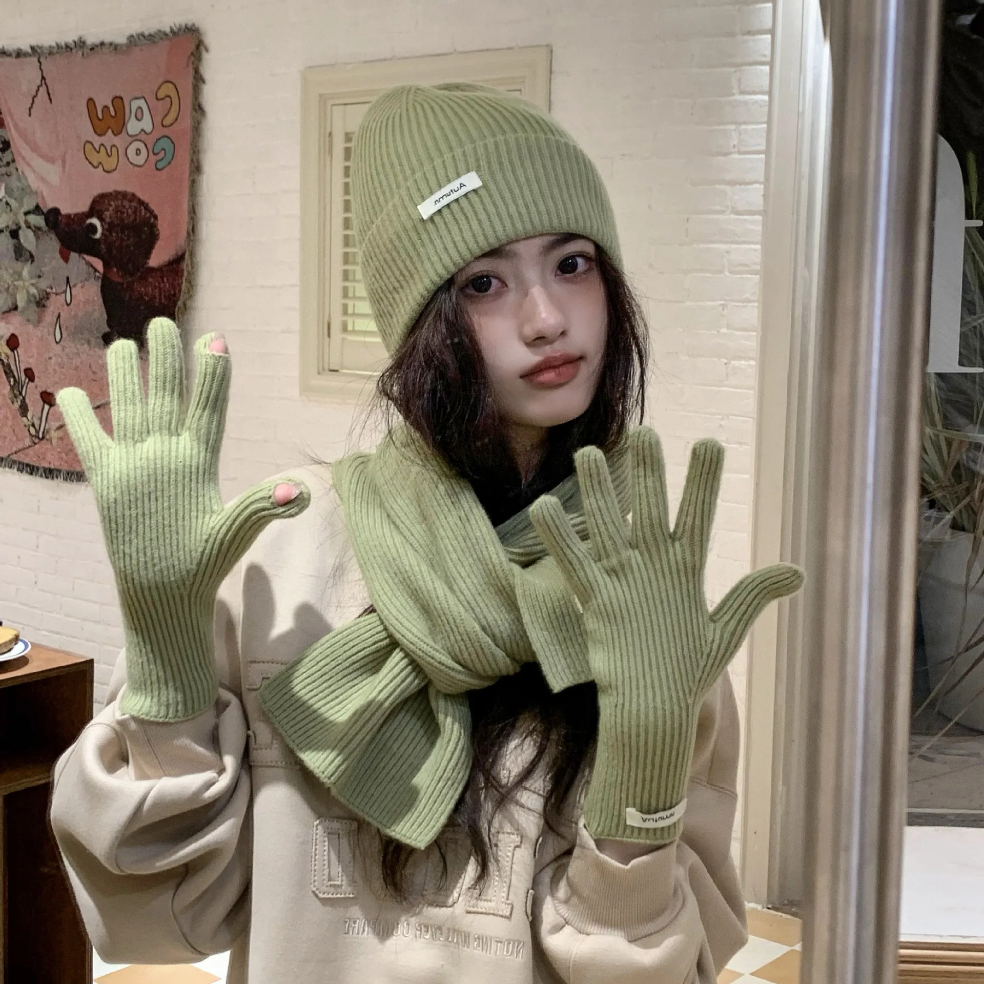 Korean Three-piece Set Scarves Gloves Women Autumn Winter Warm Knitted Hat Touch Screen Gloves Solid Color Women's Glove Sets