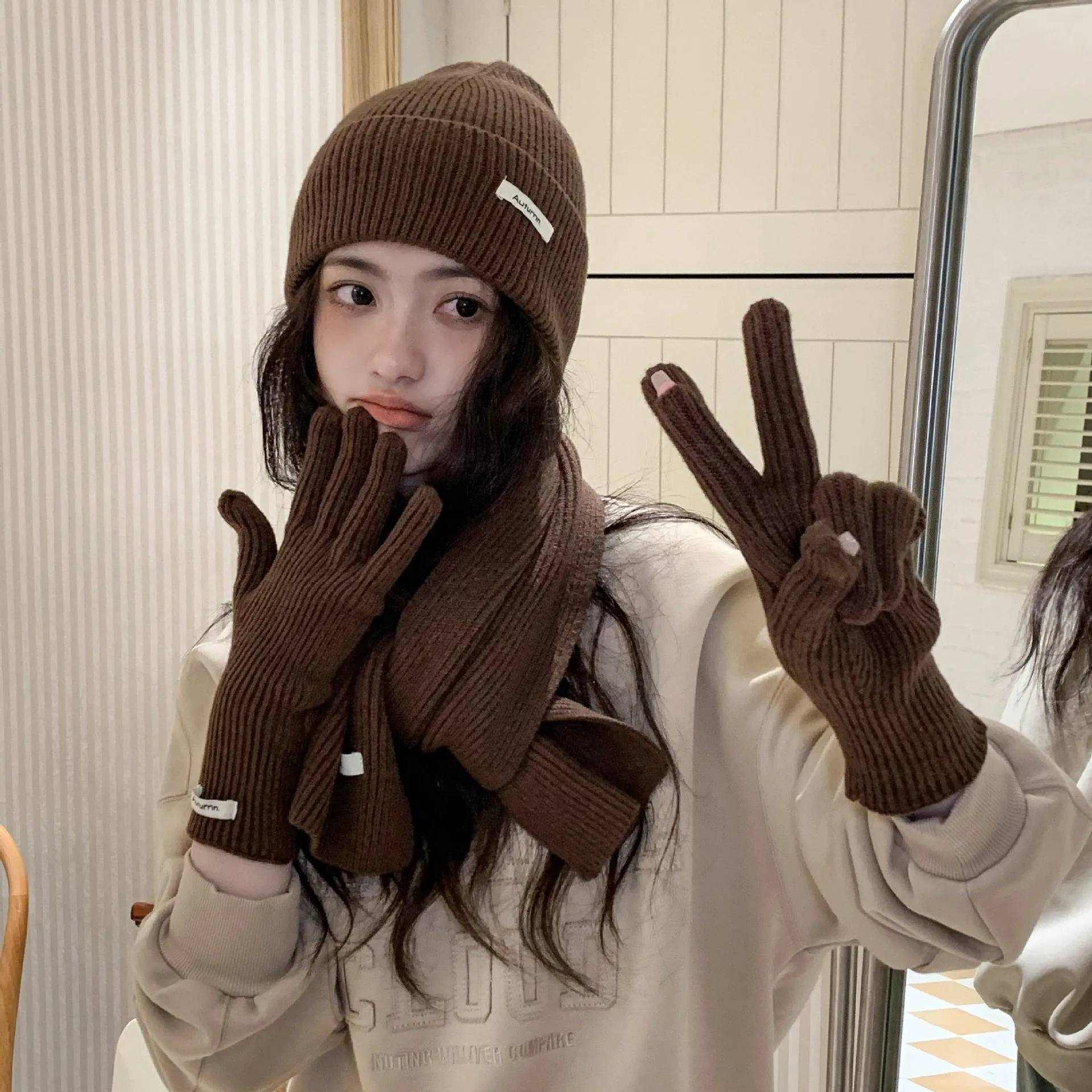 Korean Three-piece Set Scarves Gloves Women Autumn Winter Warm Knitted Hat Touch Screen Gloves Solid Color Women's Glove Sets