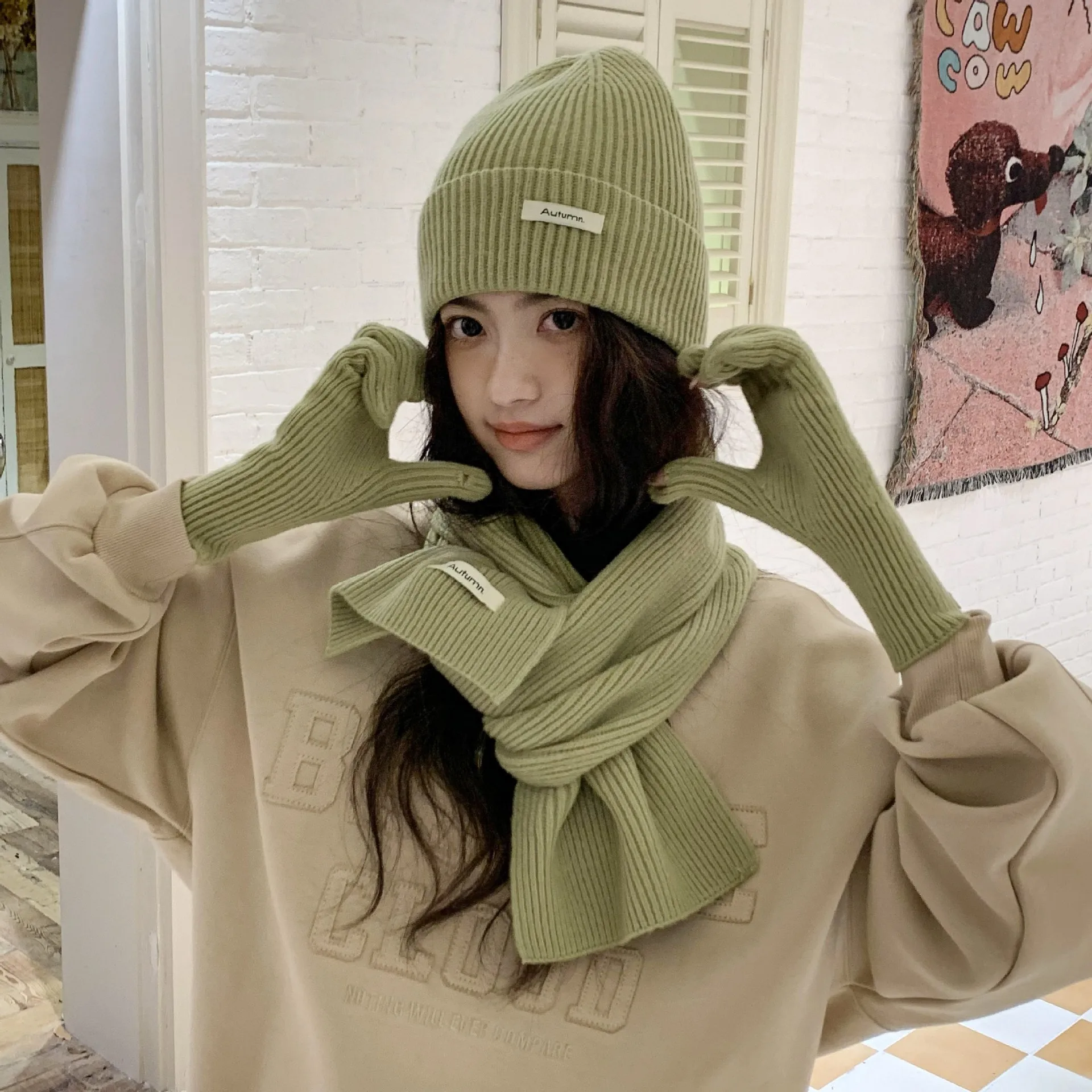 Korean Three-piece Set Scarves Gloves Women Autumn Winter Warm Knitted Hat Touch Screen Gloves Solid Color Women's Glove Sets