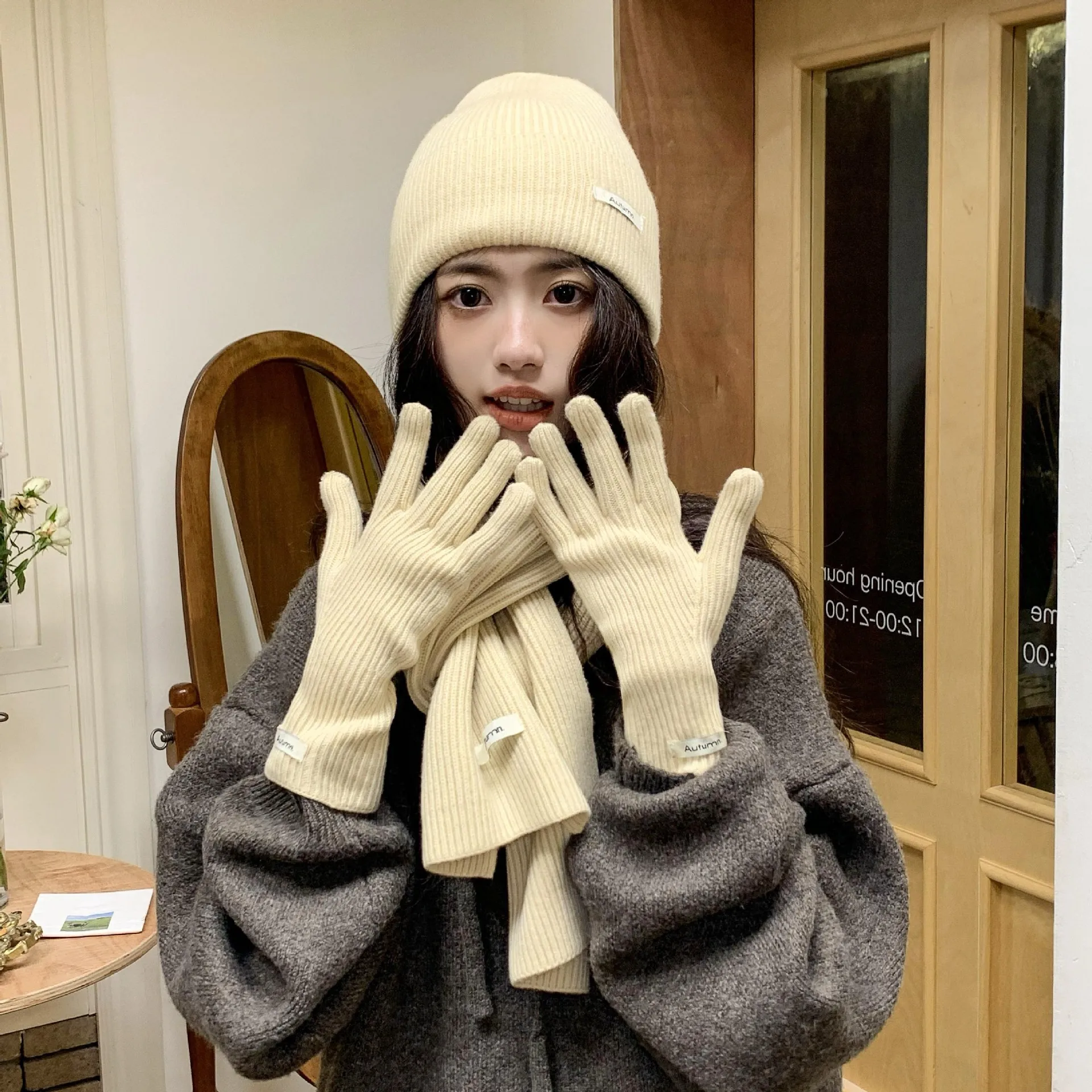 Korean Three-piece Set Scarves Gloves Women Autumn Winter Warm Knitted Hat Touch Screen Gloves Solid Color Women's Glove Sets