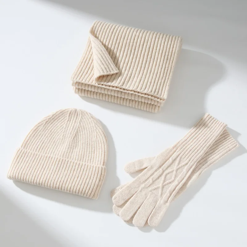 Wool Beanie Scarf And Glove Sets Knit Ribbed Three Piece Set Winter Accessories