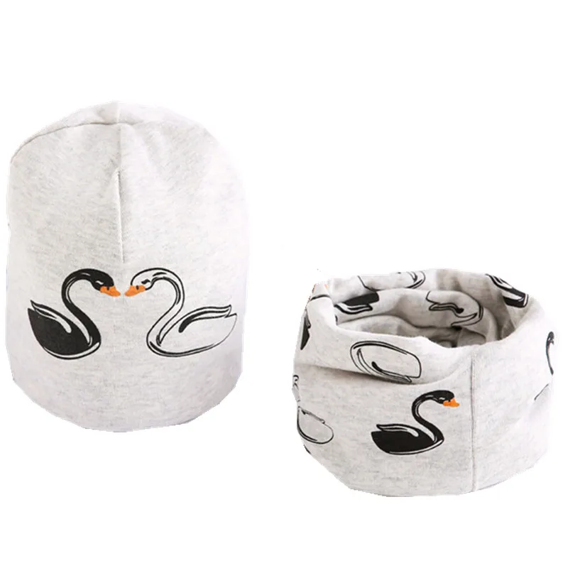 New Spring Autumn Girls Hat Scarf Set Cartoon Owl Star Swan Baby Boy Girls Hat Set Children Hat Scarf-Collar Cotton Kids Hat Set