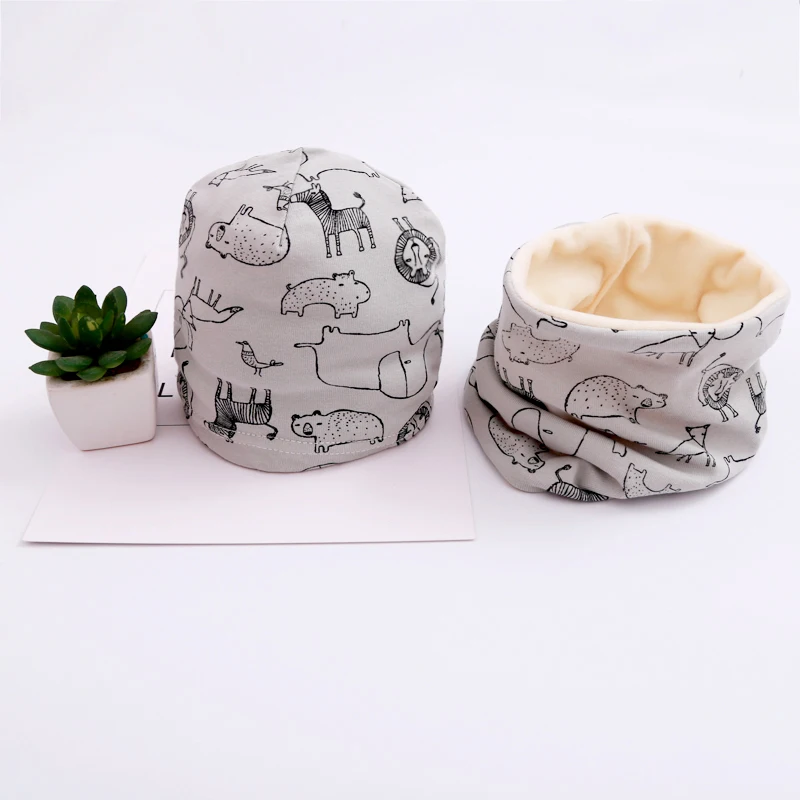 New Spring Autumn Girls Hat Scarf Set Cartoon Owl Star Swan Baby Boy Girls Hat Set Children Hat Scarf-Collar Cotton Kids Hat Set