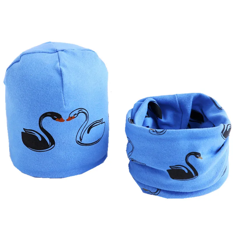 New Spring Autumn Girls Hat Scarf Set Cartoon Owl Star Swan Baby Boy Girls Hat Set Children Hat Scarf-Collar Cotton Kids Hat Set