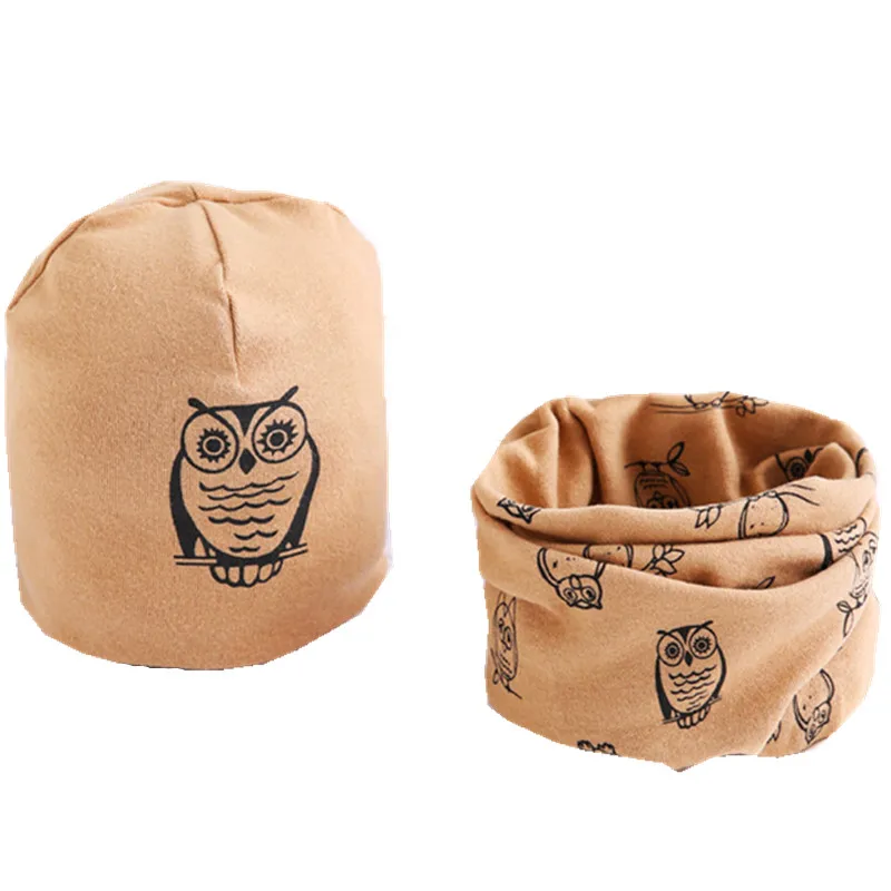 New Spring Autumn Girls Hat Scarf Set Cartoon Owl Star Swan Baby Boy Girls Hat Set Children Hat Scarf-Collar Cotton Kids Hat Set
