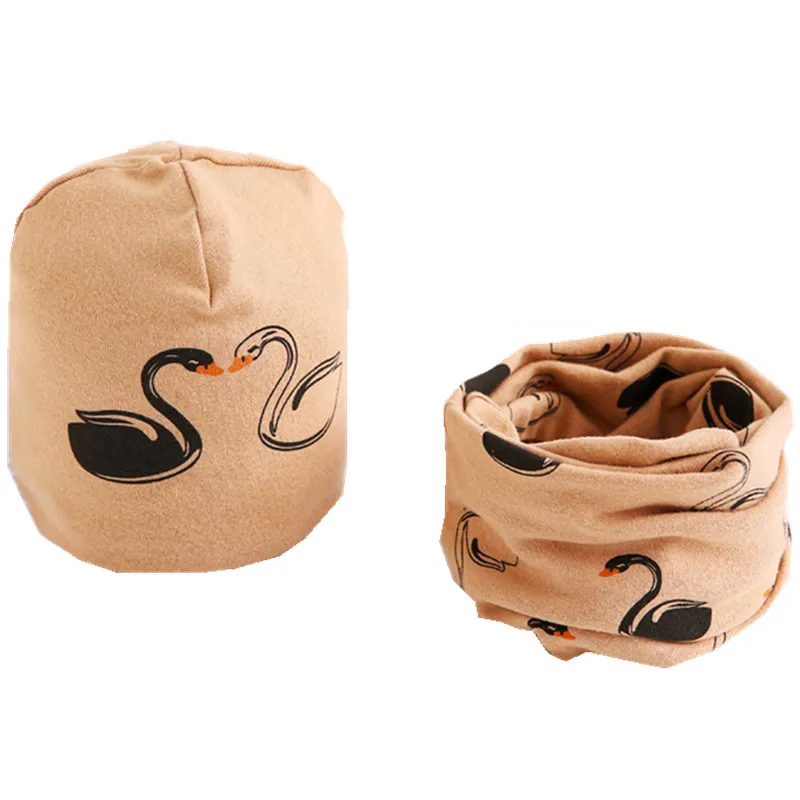 New Spring Autumn Girls Hat Scarf Set Cartoon Owl Star Swan Baby Boy Girls Hat Set Children Hat Scarf-Collar Cotton Kids Hat Set
