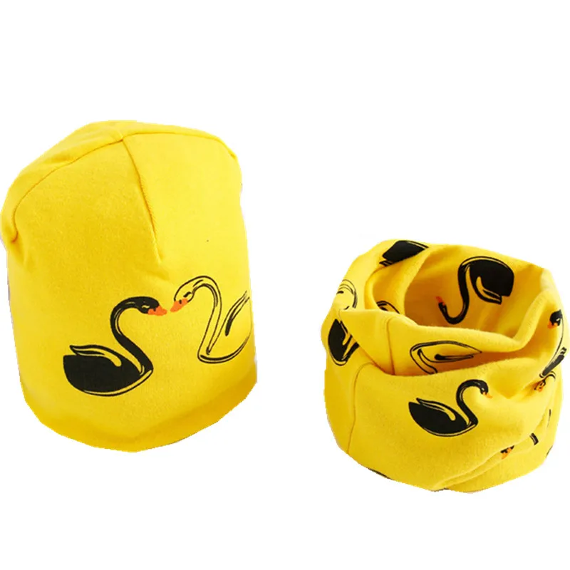 New Spring Autumn Girls Hat Scarf Set Cartoon Owl Star Swan Baby Boy Girls Hat Set Children Hat Scarf-Collar Cotton Kids Hat Set